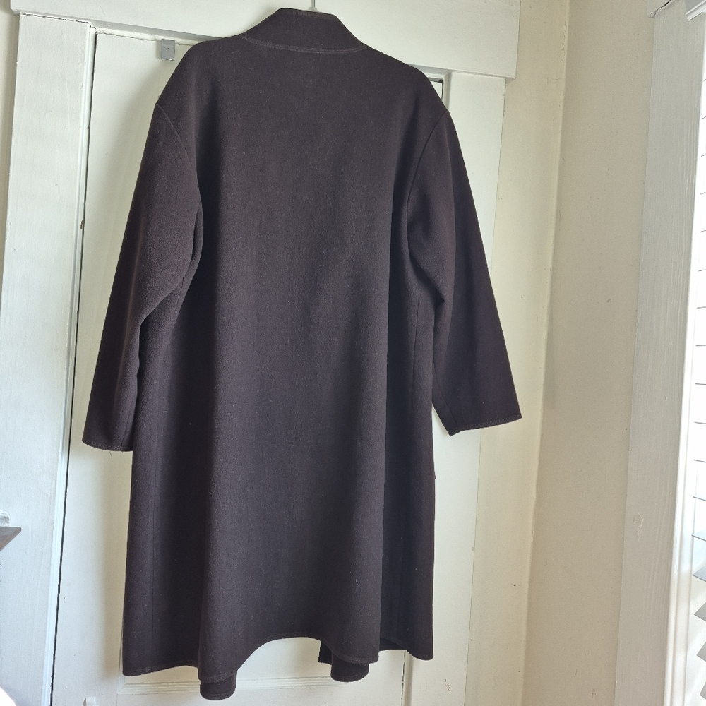 Eileen Fisher Dark Brown Mock Neck knee-length, relaxed fit wool coat, 1X - Picture 9 of 14